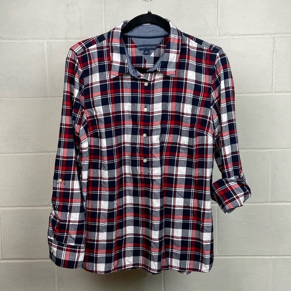 Tommy Hilfiger Women's Flannel Shirt LARGE Red/Blue‎ Plaid Roll Tab Sleeve *EUC - Picture 1 of 7